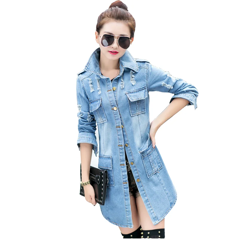 

Denim jacket European American mid-length lapel hole denim jackets female windbreaker 2022 autumn spring new overcoat