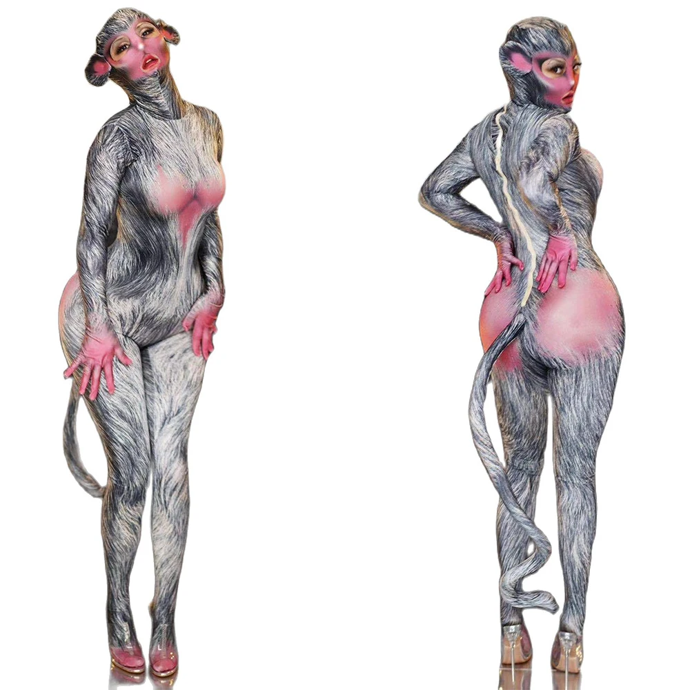 Moda pele impressa role-playing macaco macacão adulto feminino apertado estiramento bodysuit halloween performence trajes outfit