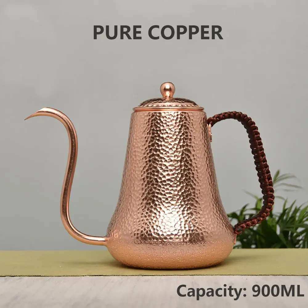 Pure Copper Coffee Pot with Handle, Teapot Kettle, Hammer Pattern Drinkware