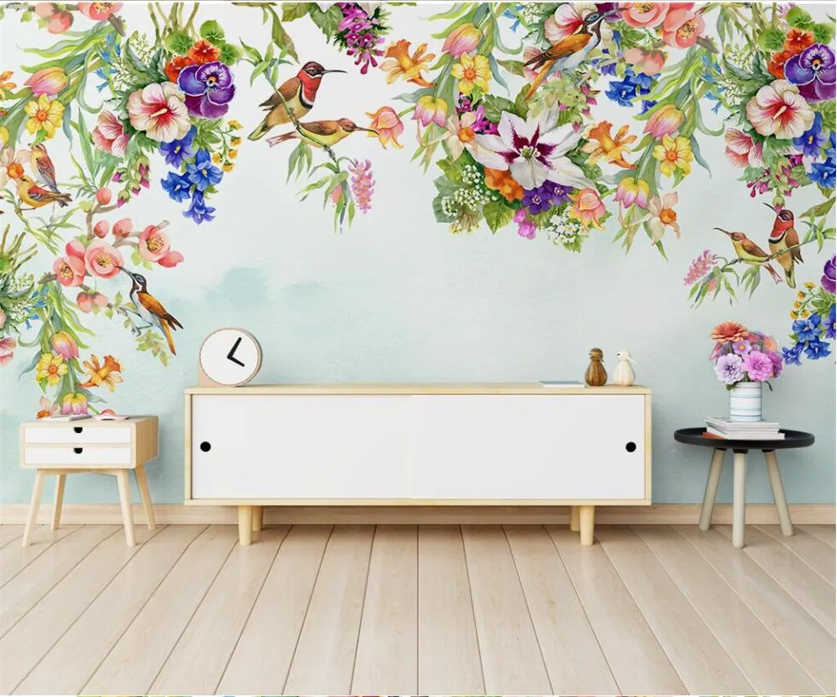 

Custom Nordic hand-painted flowers and birds lilies TV living room background wall wallpaper sofa bedroom seamless mural