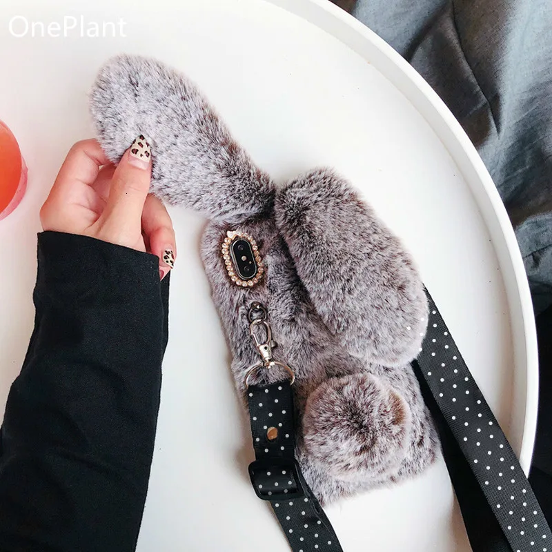 3d estéreo bonito dos desenhos animados coelho peludo caso de telefone para o iphone 14 13 12 11 pro max x xr xs 7 8 plus se2020 capa crossbody cordão