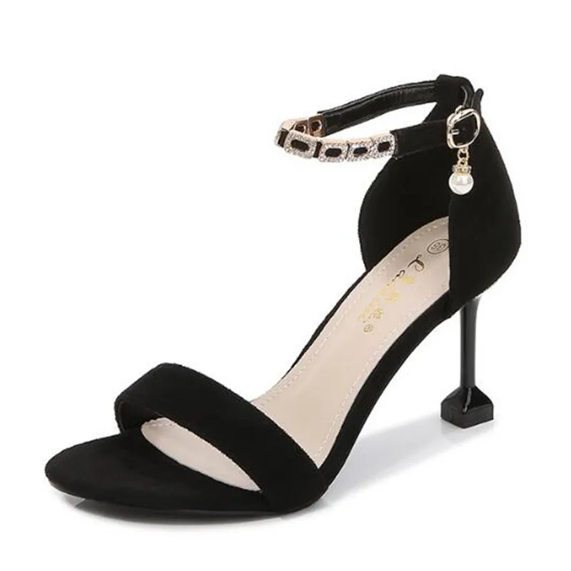 

Fashion Thin Heel Sandals Shoes Women Round Toe Flock 6CM 8CM Thin High Heels Buckle Strap Shallow women shoes size 35-42 black