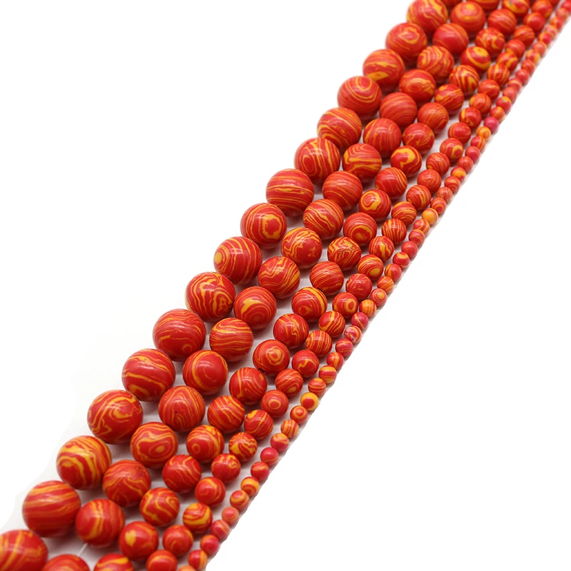 Red Orange Laciness Striped Malachite Synthetic Stone Round Loose Beads 15