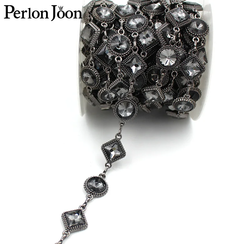 1 yard black round diamond glass arrangement trim metal chain stitched on shoes, bag decoration accessories ML133