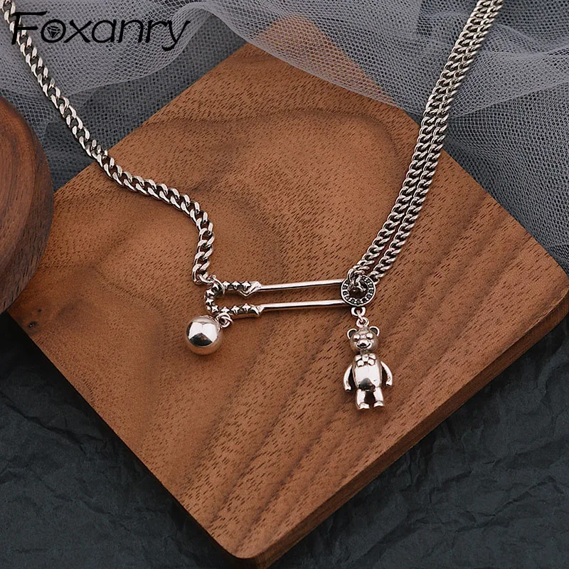 Foxanry Stamp Sweater Necklace for Women New Trend Vintage Unique Splicing Chain Bear Paperclip Party Jewelry Gift