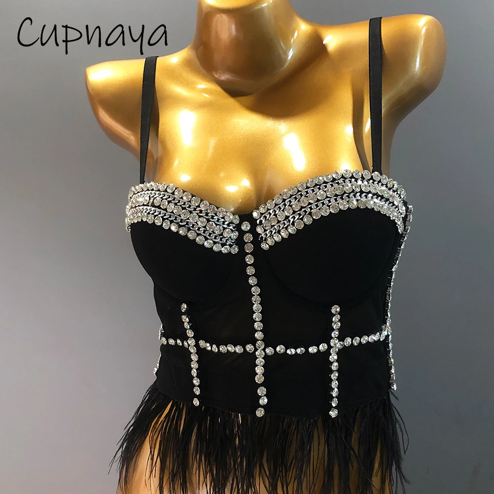 Cupnaya Glitter Diamante Women Crop Top Spaghatti Strap Feather Bustier Summer Sexy Clubwear Cami Corset Bralet Black White