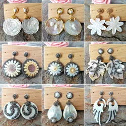 1 Pair Gorgeous Shell carved flower charms dangle earrings,Pave pearl Crystal Earrings For fashion female women jewelry ER1067