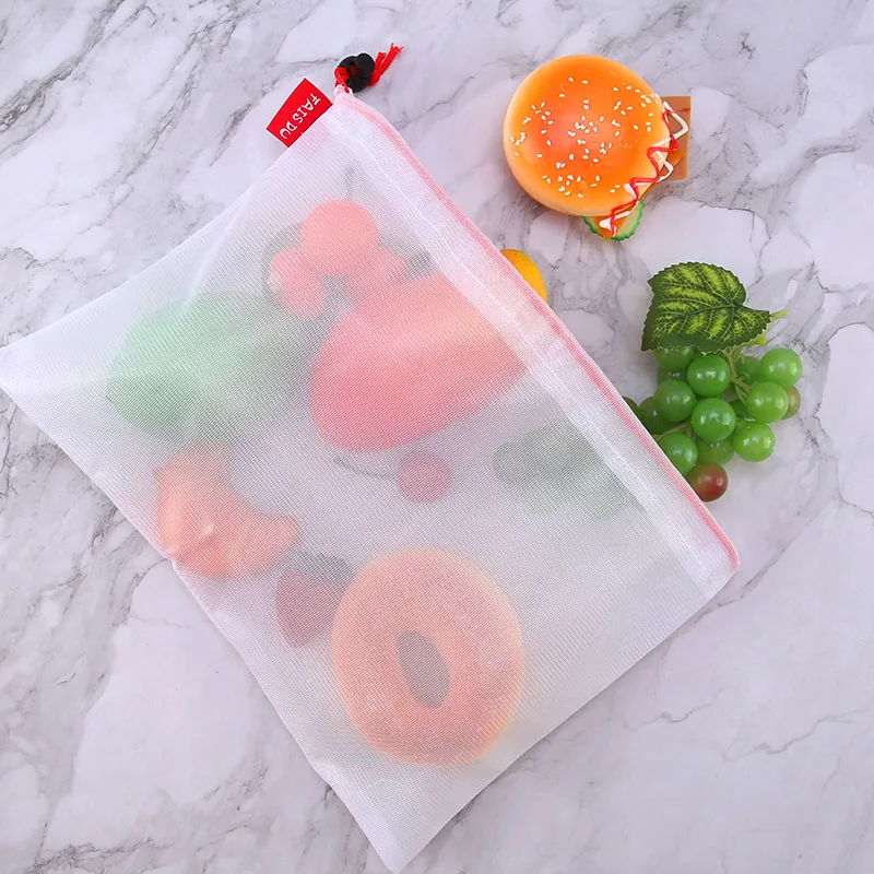 FAIS DU 5pcs Mesh Reusable Storage Bags Comes With Logo Fruit Vegetable Home Washable Bags Kitchen Storage Bags Storage Supplies