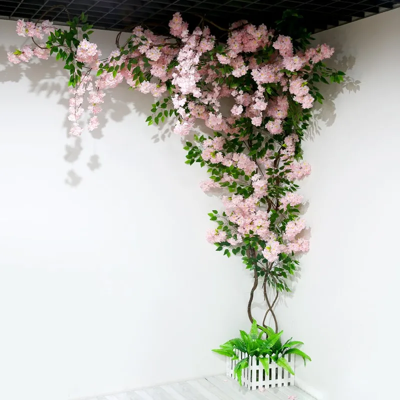 Artificial Cherry tree Sakura Tree Stem with Fake Cherry Blossom Flower Dried Tree branches Rattan sets for home wall decoration