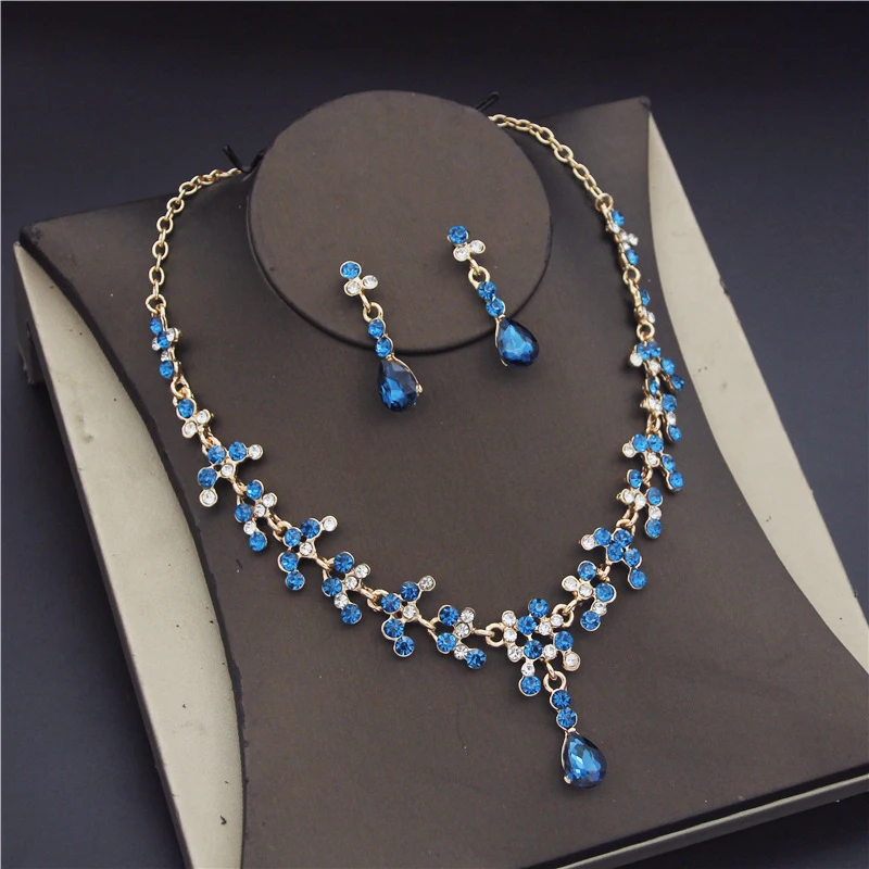 Crystal Bridal Wedding Jewelry Sets Women Gold Color Rhinestone Necklace Long Earrings Set Dress Accessories Bridesmaid