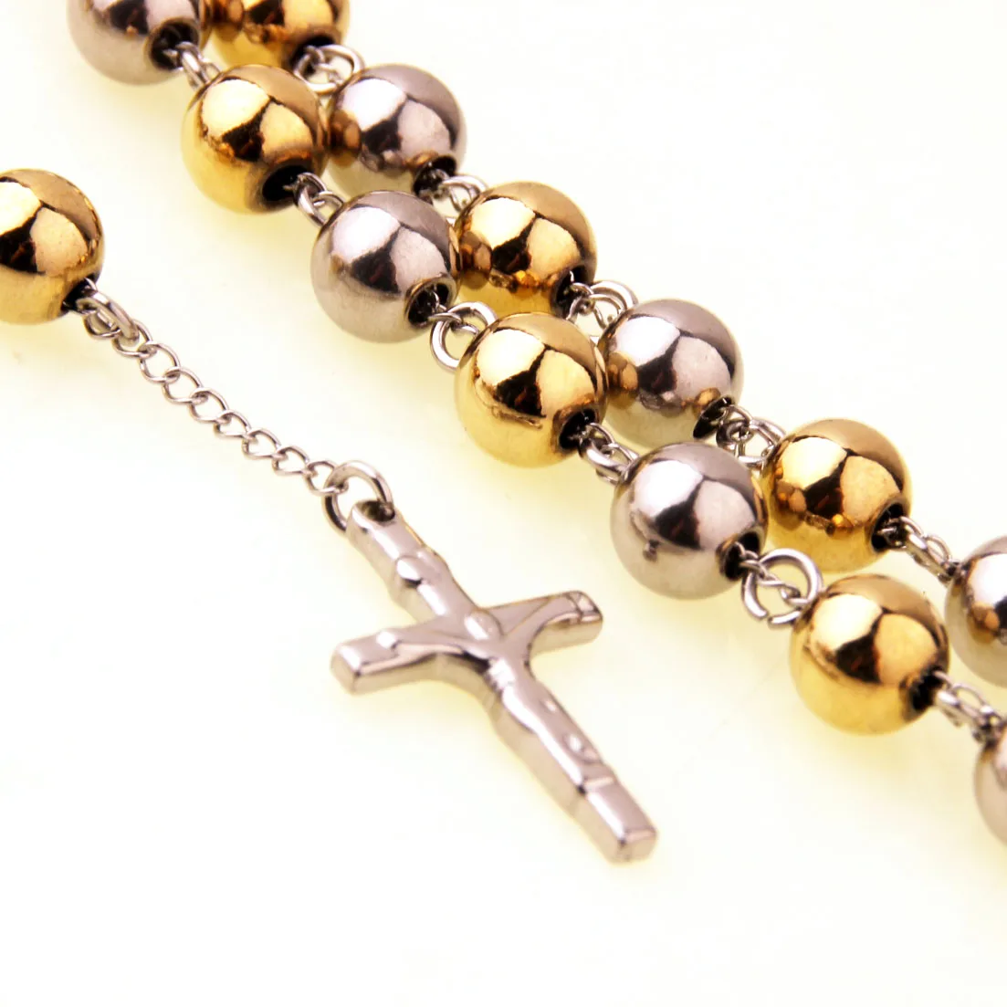 Heavy Mens Womens Chain Bead Rosary Cross Pendant Necklace Stainless Steel Gold Silver Color Jesus Christ 4/6/8/10mm