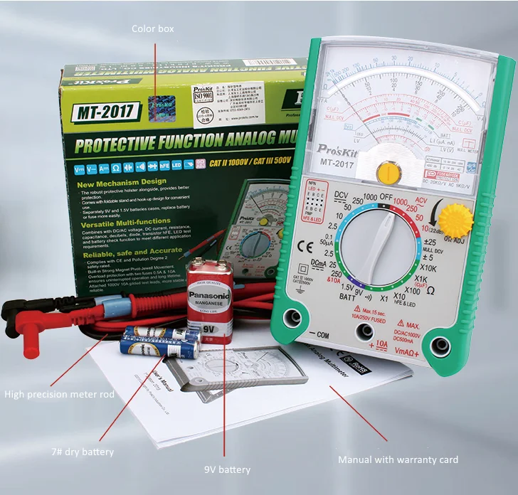 Pro\'sKit-Analog Multimeter, MT-2017, Safety Standard Protective Function, Ohm Test Meter, DC AC Voltage Current, Original