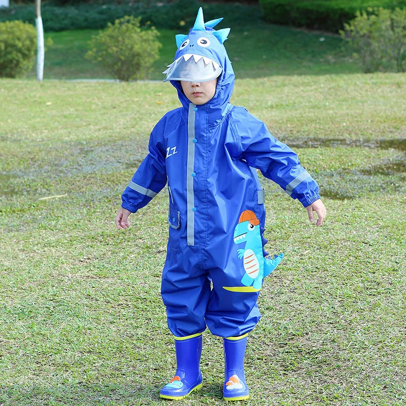 1-10 Years Old Kids Jumpsuit Waterproof Baby One-Piece Cartoon Dinosaur Raincoat Children Rainwear And Rain-proof Pants Set