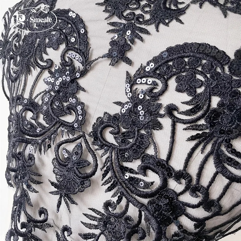 Schwarze Elfenbein-Pailletten-Hochzeitsapplikation Spitze Blumenmuster Hohl Sexy DIY-Zubehör RS3099 – Detail 3