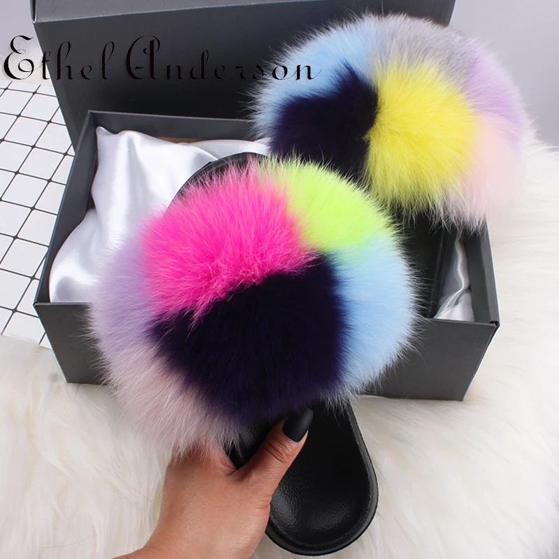 Cute Plush Natural Fox Hair Slippers Hot Women Furry Slippers Ladies  Real Fur Slippers Summer Casual Fashion Slippers for Women