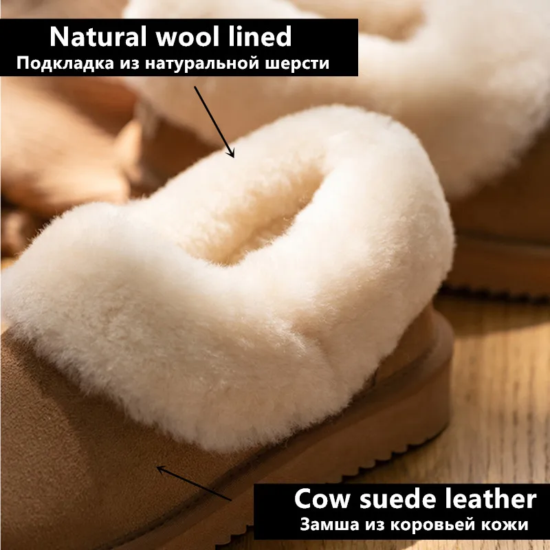 NEW style mini winter shallow snow boots women waterproof sheepskin leather natural wool fur lined ankle warm flat shoes 35-44