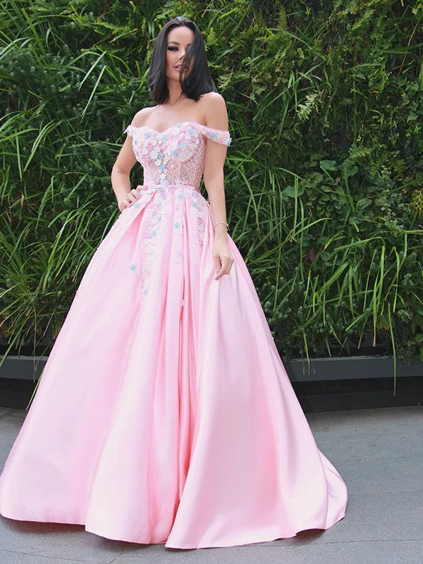 Vestidos rosas De fiesta, vestidos largos De satén con flores y hombros descubiertos, De noche