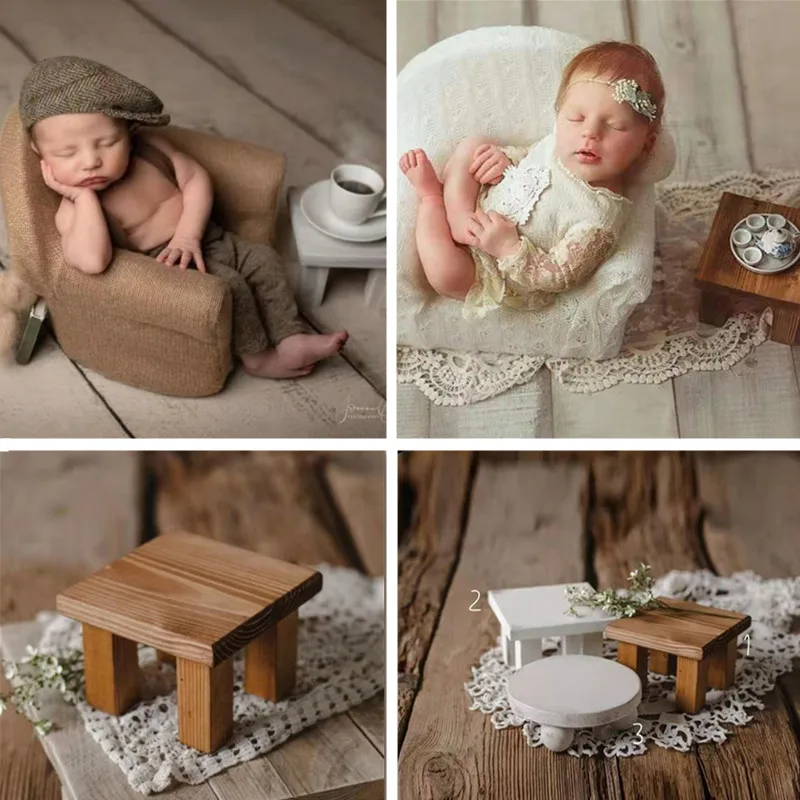 Newborn Photography Props Wood Mini Coffee Table Round Stool Retro Cake Stand Tray Baby Photo Girl Boy Fotografia Accessories