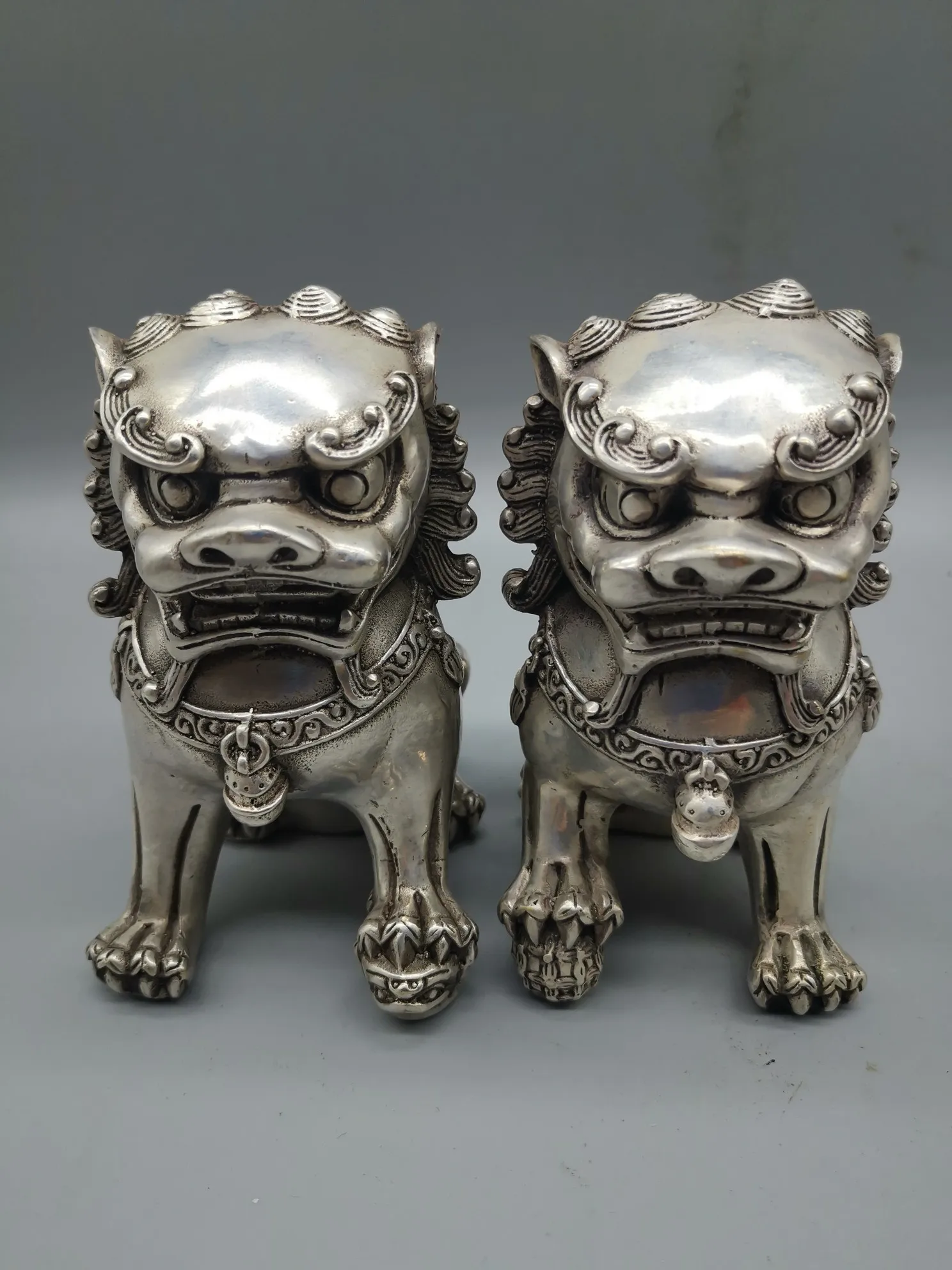 

Chinese White Copper Silver Royal Palace Feng Shui Evil Door Foo Dog Lion Pair Garden Brass Bronze