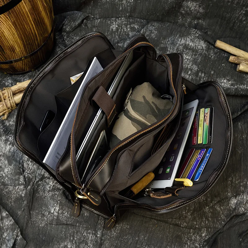 Newsbirds Mens Leather Handbag 15.6 Inch PC Notebook Laptop Briefcase Shoulder Bag 100% Cowhide Man Bag Male Business Bag
