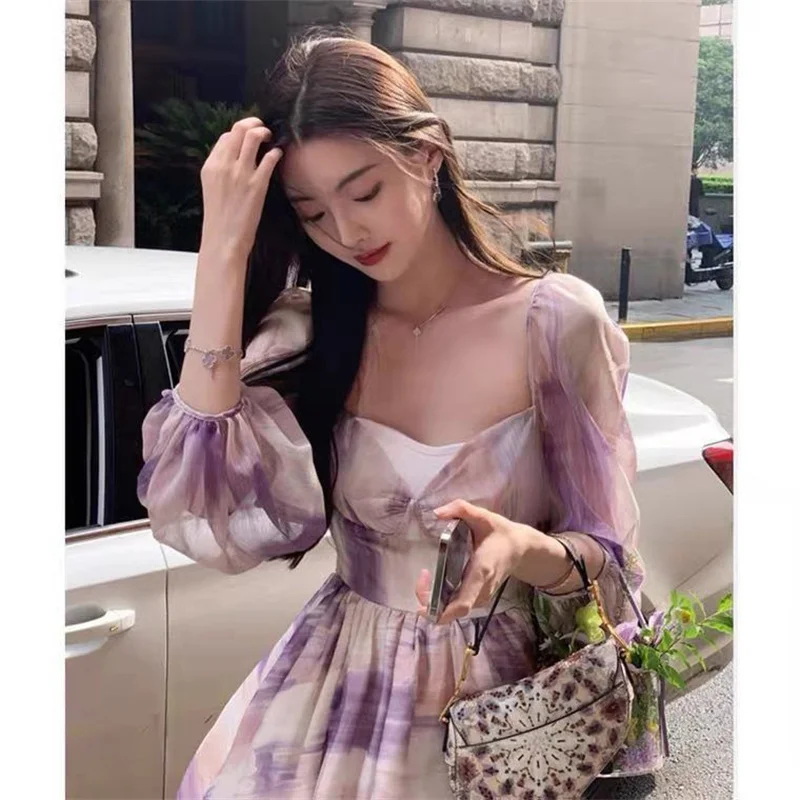 

2021 autumn new purple fairy skirt Japanese soft sister bubble sleeve bandage waist closing dress Korean loose dress