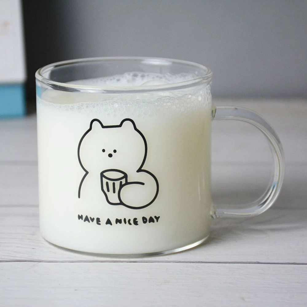 

Creative Cartoon Printed Glass Cup Coffee Tea Drinks Dessert Breakfast Milk Cup Transparent Juice Glass Mugs Handle Drinkware