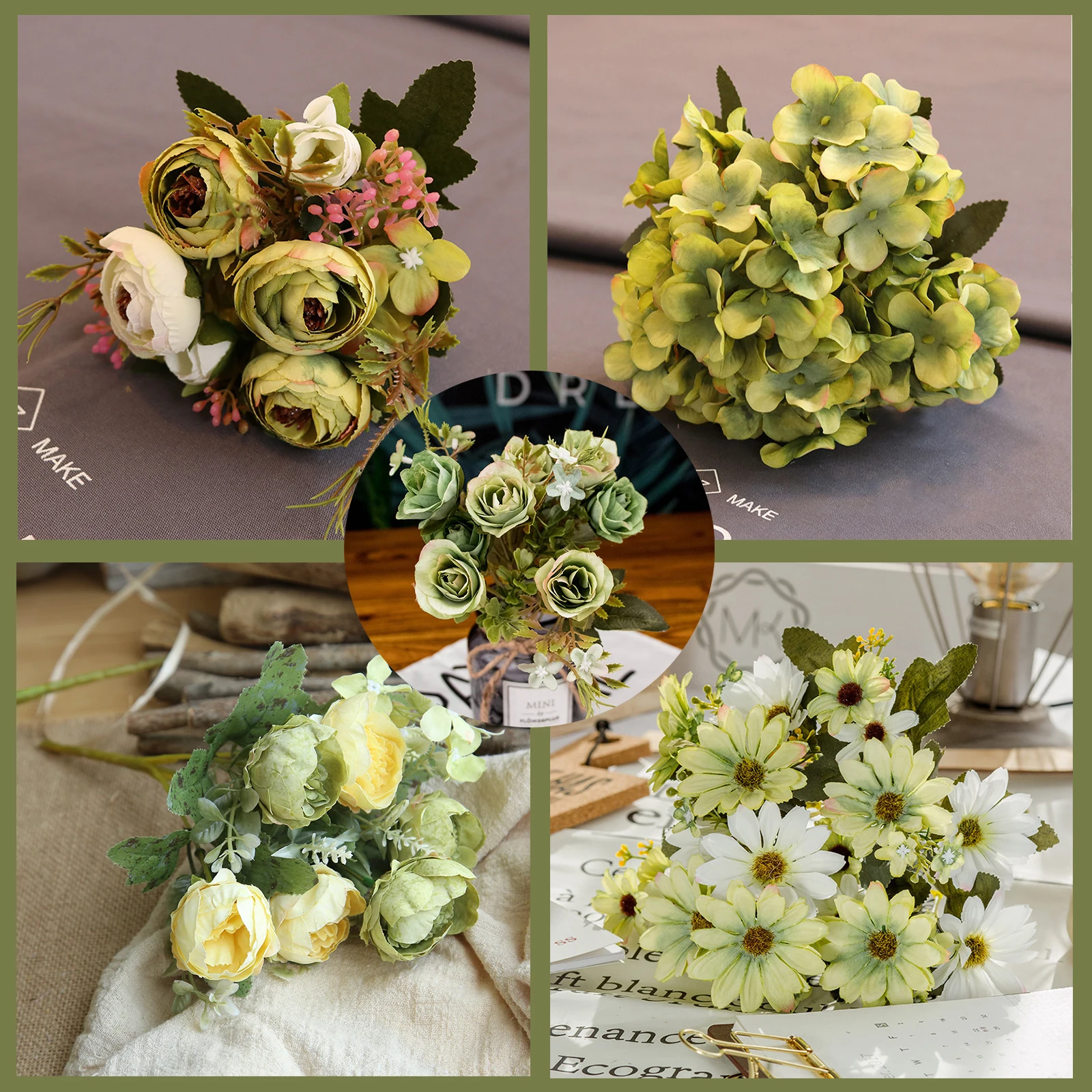 1pcs Green Artificial Flowers Peony Tea Rose Autumn Silk Fake Flowers for DIY Living Room Home Garden Wedding Decoration  roses