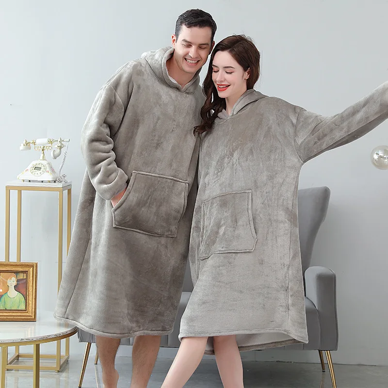 Flannel Nightwear Men&Women Robe Kimono Bathrobe Gown Hooded Sleepwear Winter New Home Dressing Gown Coral Fleece Lingerie