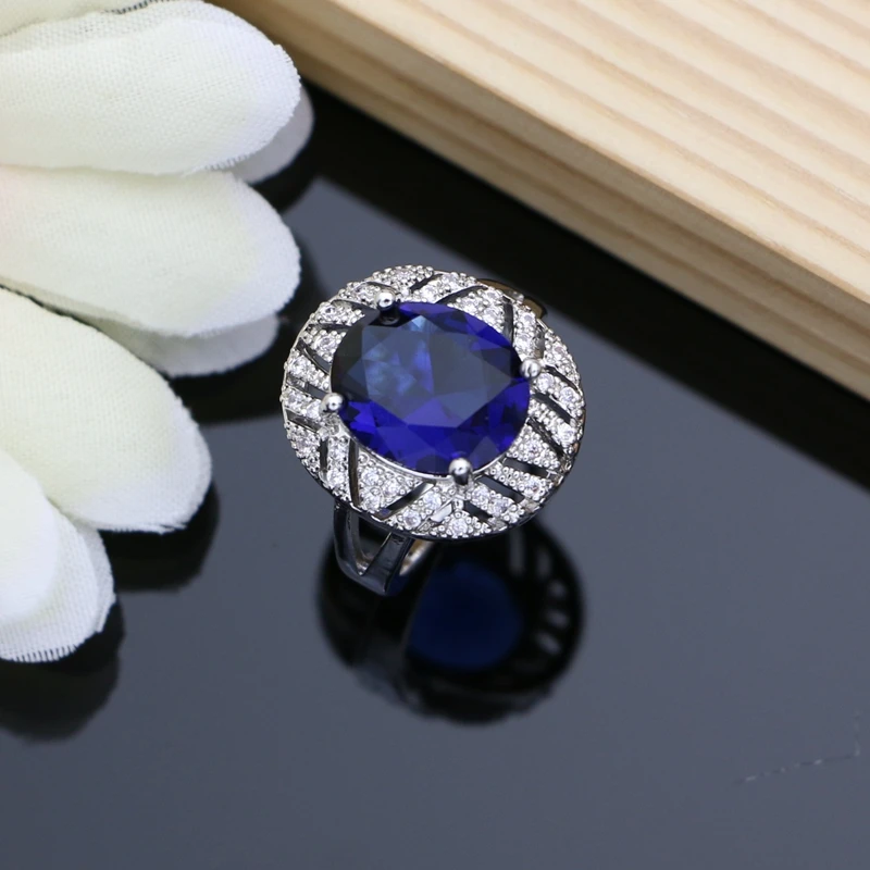 Blue Sapphire 925 Silver Jewelry Sets Gemstone Hoop Earrings Women Wdding Fine Jewellry Necklace Set Dropshipping image 4