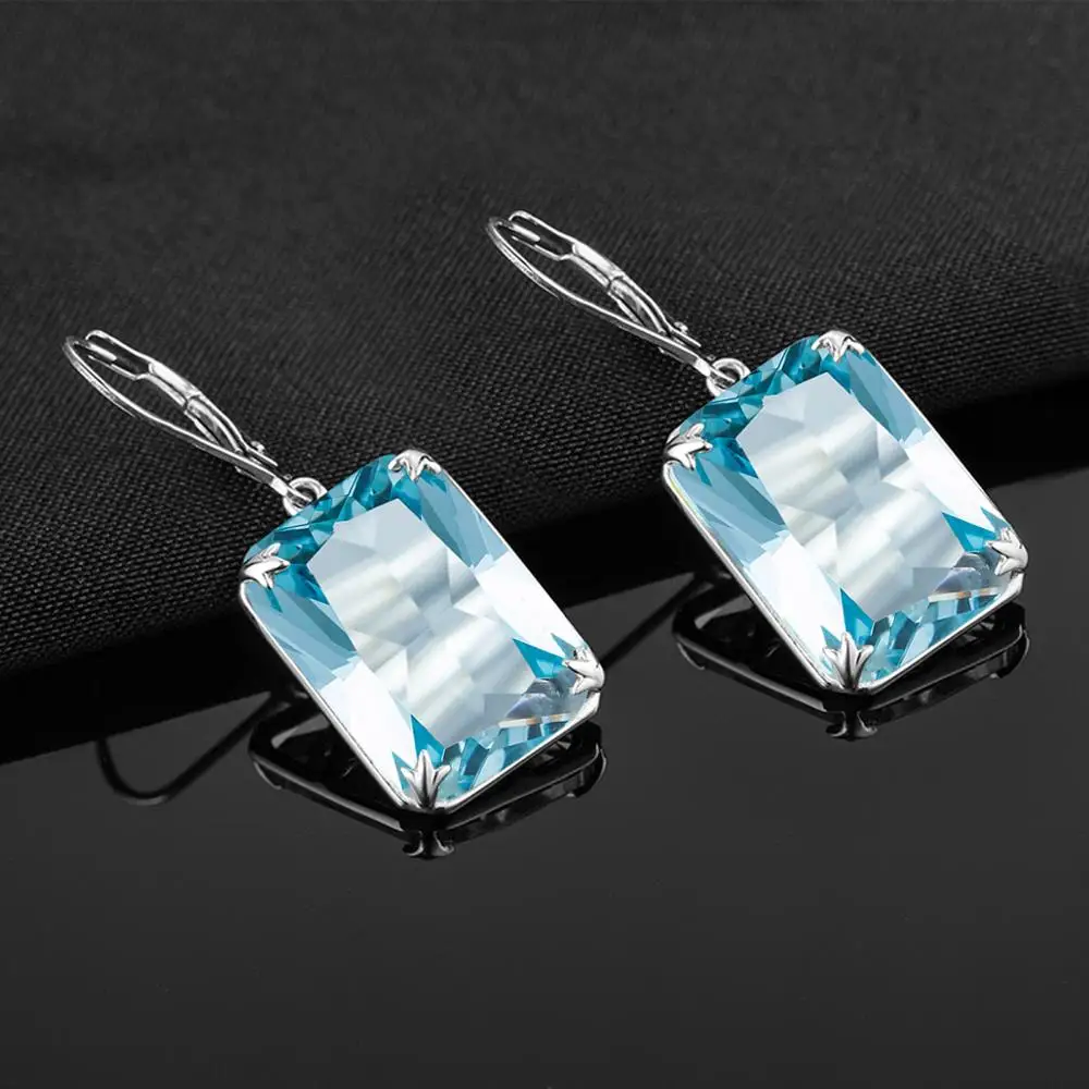 Szjinao Women Viking Blue Aquamarine Earrings 13*18mm Rectangle Gemstones Drop Earrings Solid Silver 925 Vintage Jewelry Female