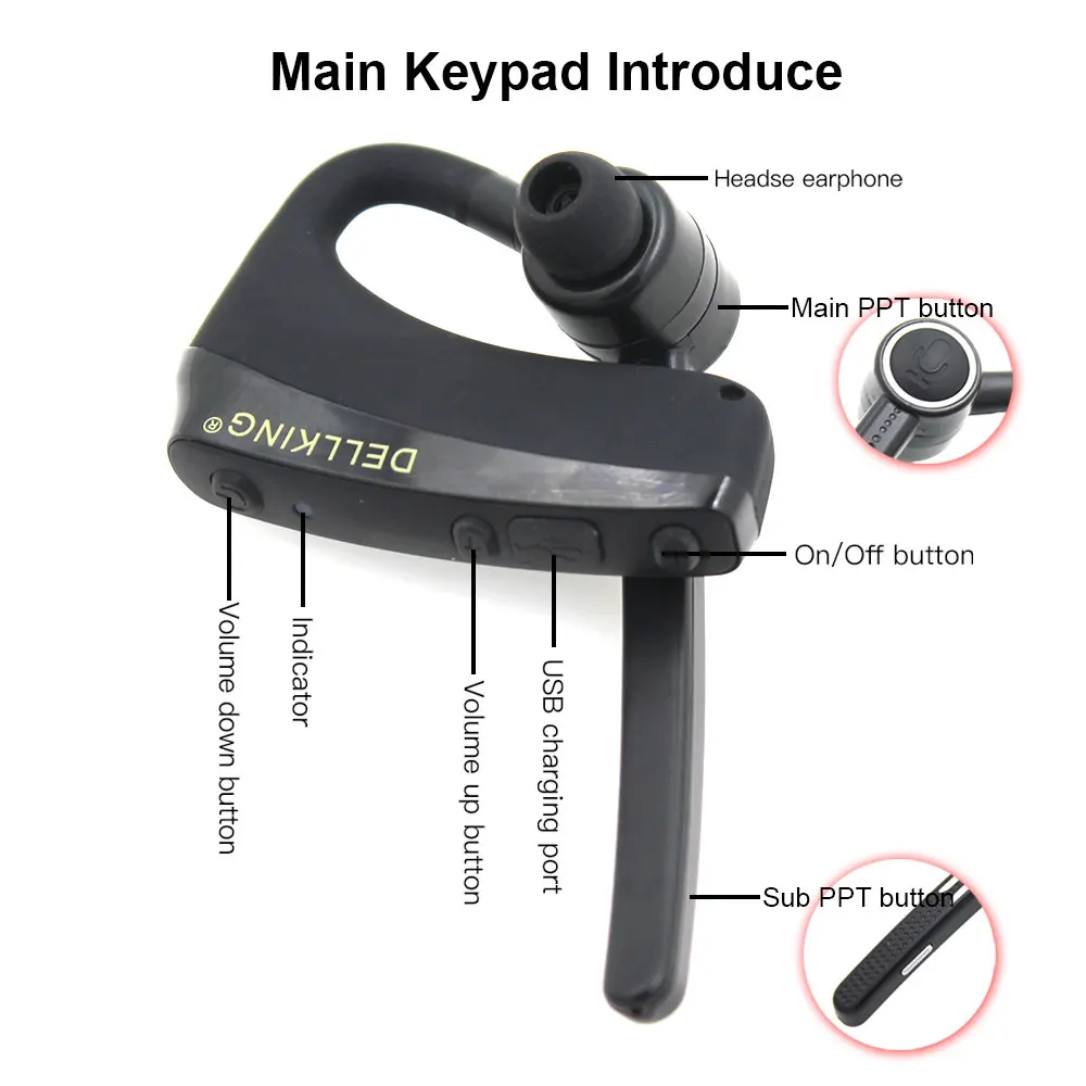 Anysecu Earphone Bluetooth nirkabel Dual PTT, Headset PTT E2 Bluetooth untuk Radio Android ponsel PTT ZELLO Walkie Talkie