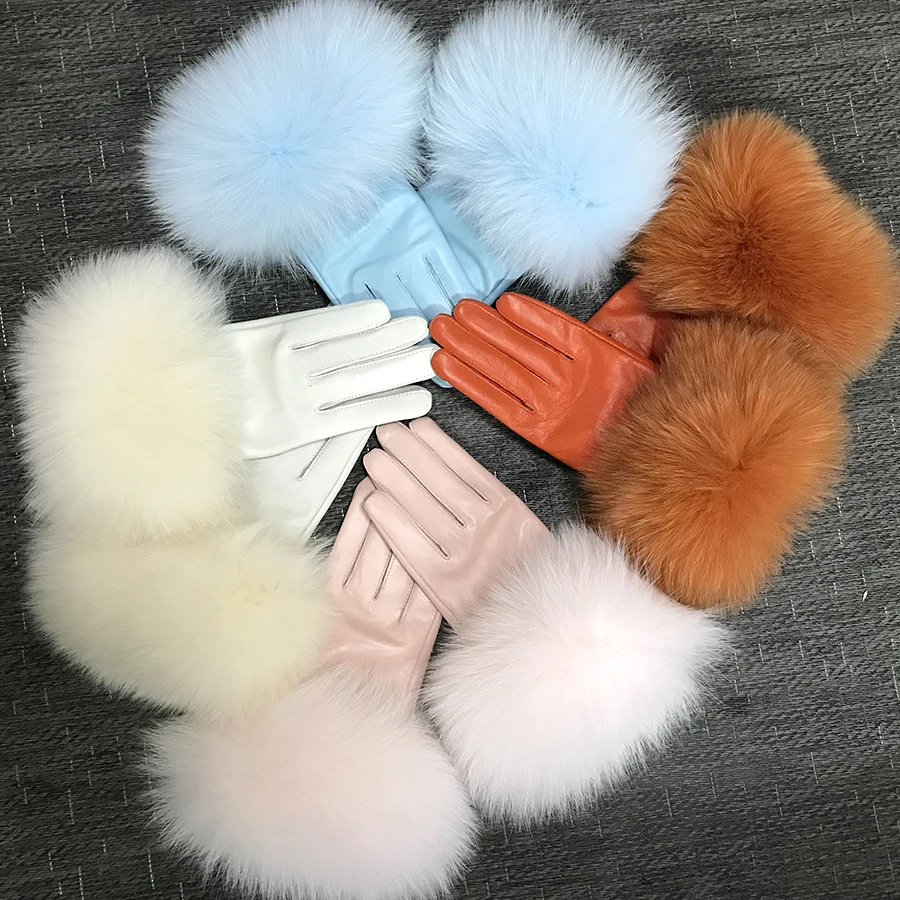 Real Sheepskin Fox Fur Gloves Women\'s Genuine Leather Glove Winter Warm Fashion Style Natural Fluffy Fox Fur Oversized Customize