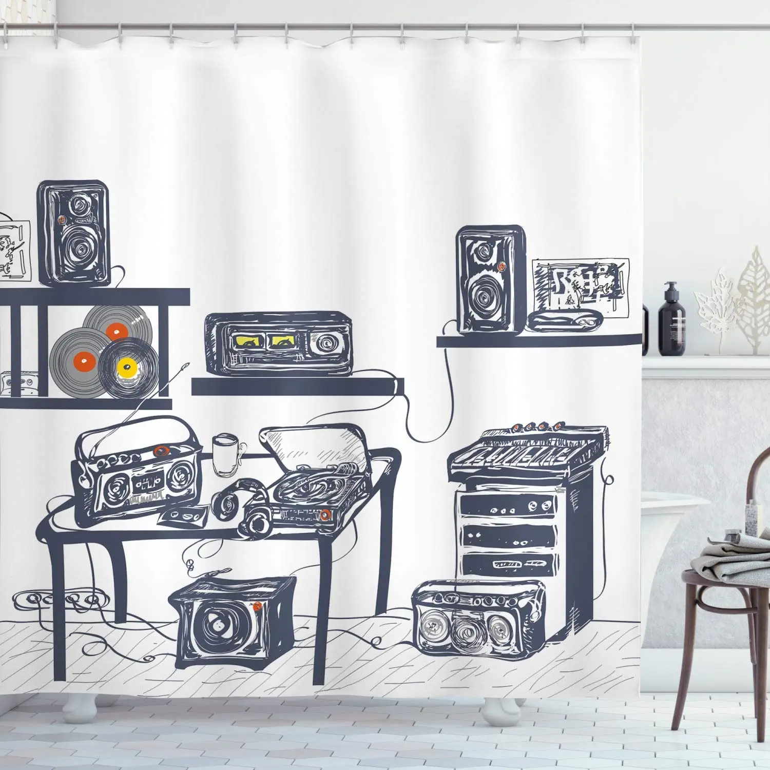 Modern Shower Curtains Recording Studio with Music Devices Turntable Records Speakers Digital Illustration Fabric Bathroom Decor