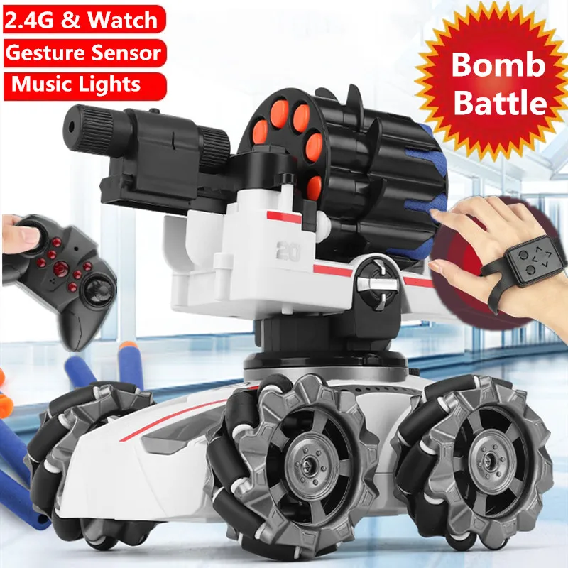 2.4G Watch Control Water Bomb RC Tank With Light & Music Shoots Ball Battle   Tracked Vehicle Remote Control War Tank Car Gifts