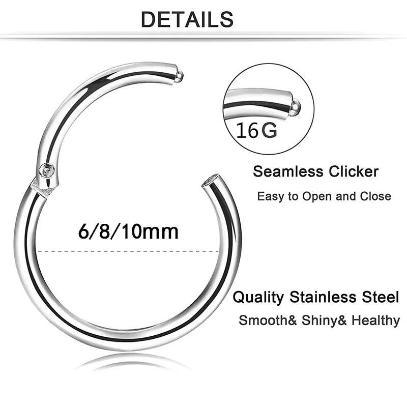 1Piece Surgical Steel Nose Clicker 16G 18G Septum Piercing Ear Cartilage Conch Pircings Nipple Earring Helix Body Jewelry Oreja