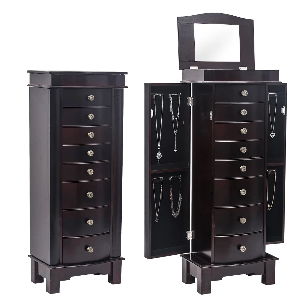 Jewelry Cabinet Dressing Table Dresser with Mirror 8 Drawer 16 Necklace Hook 2 Side Swing Door High Quality Painted Brown[US-W]