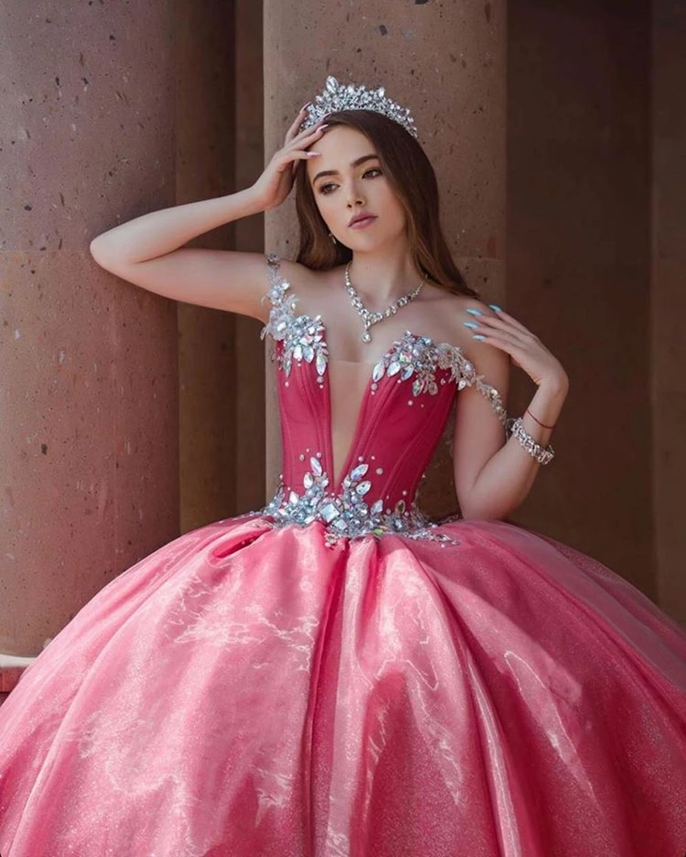 Vestido De 15 Anos 2021 Rose Red Sparkly Sweet 16 Quinceanera Dresses For Girls Diamond Sweetheart Lace-up Pageant Prom Gowns