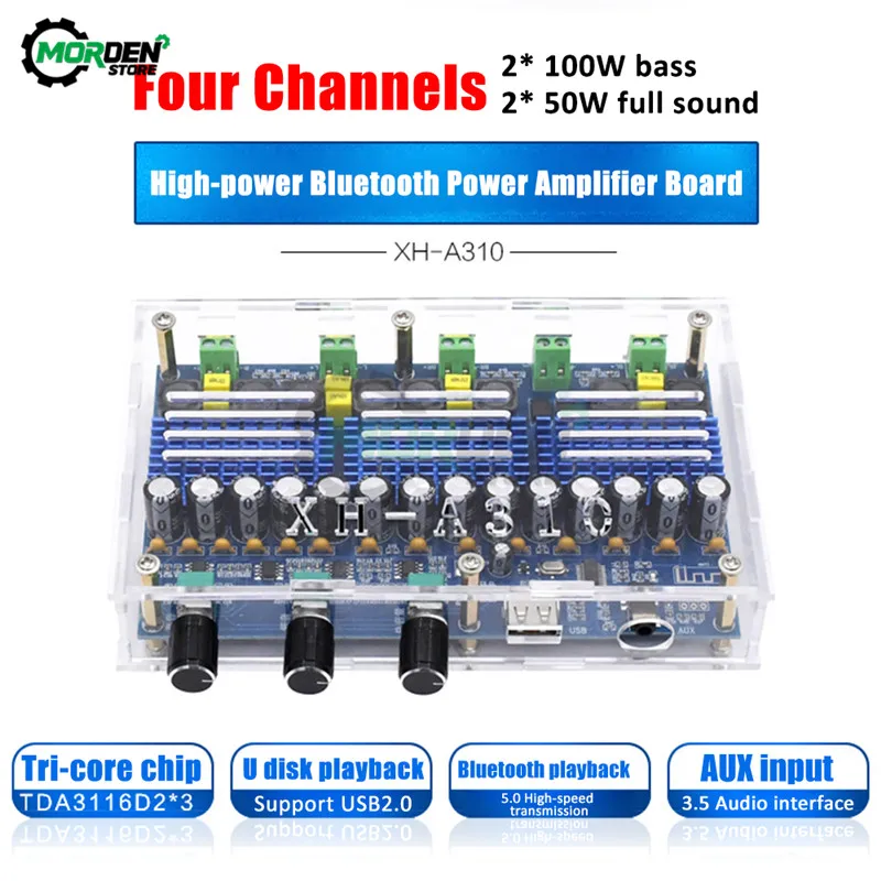 XH-A310 Bluetooth 5.0 Stereo Digital Power Amplifier Board TPA3116D2 50Wx2+100W *2  Four Channels Audio Bass Subwoofer Module