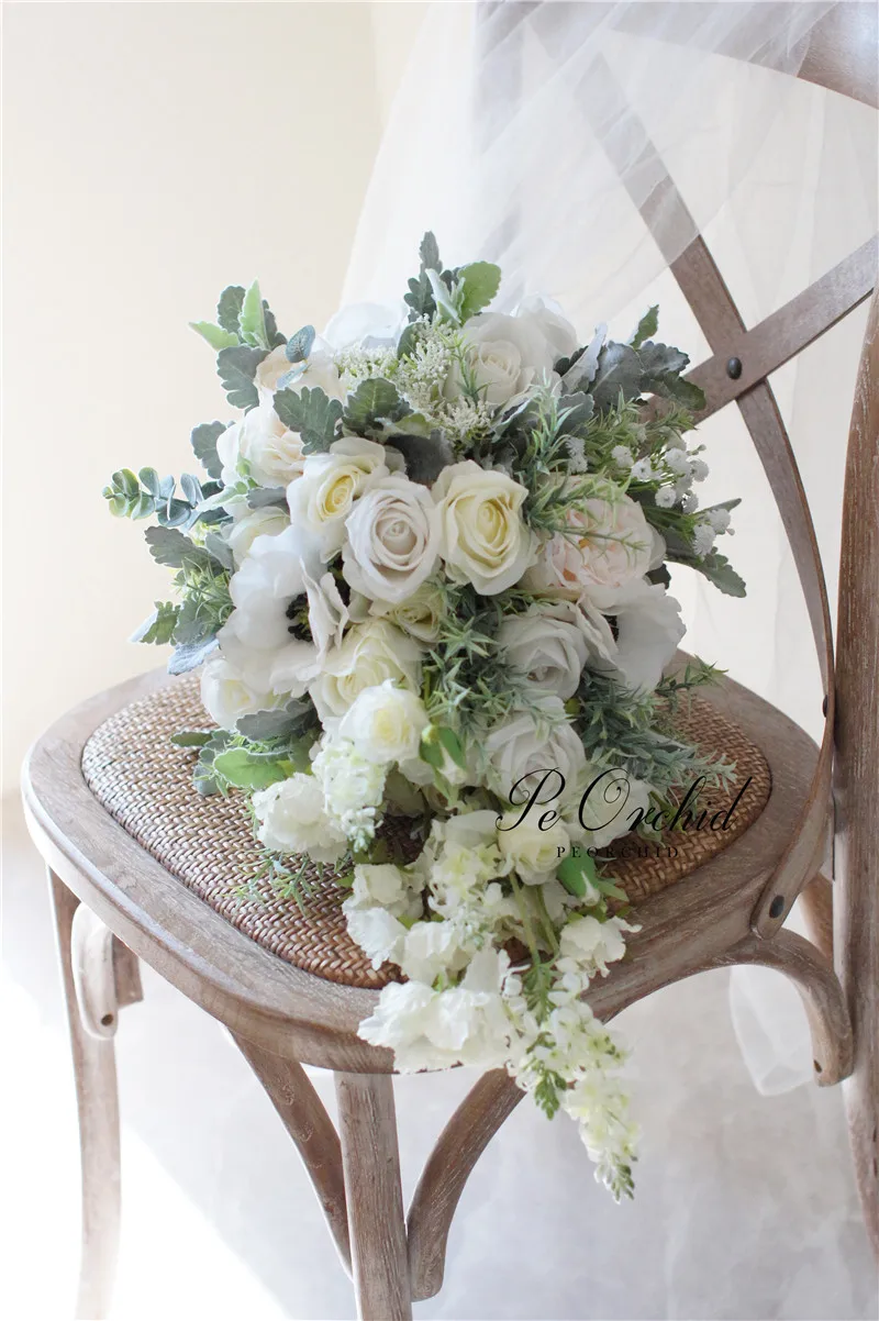 PEORQUID-Branco Cascading Bridal Flower Bouquet, Artificial Eucalyptus Roses, Bouquet De Casamento Para Noiva Fotografia, Luxo, 2022