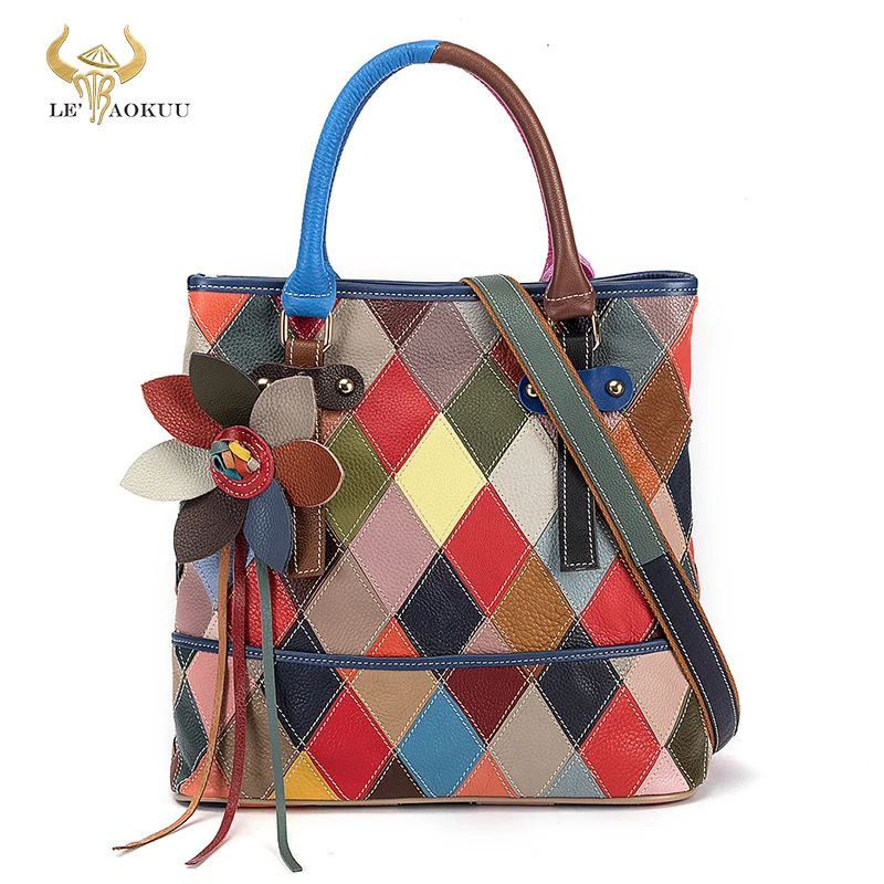 

New Multi-Colorful Genuine Leather Luxury Ladies Patchwork Large Purse Handbag Over The Shoulder bag Women Design Tote bag 532