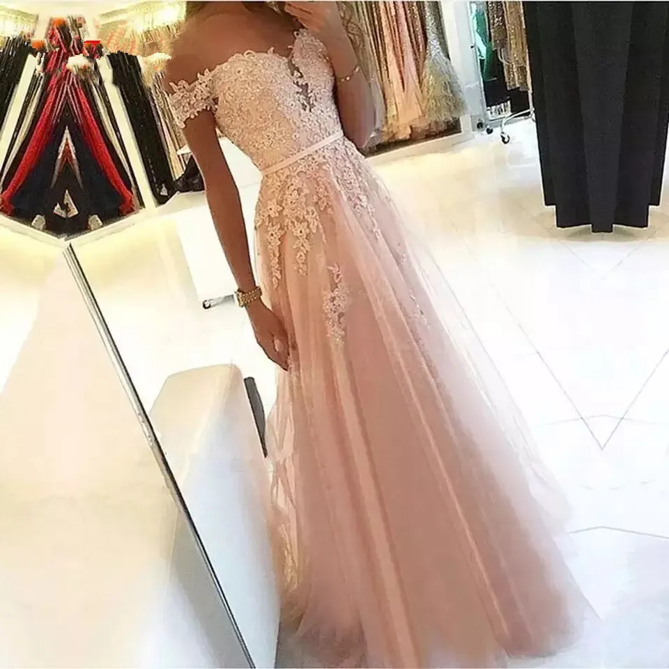 

Lace off the shoulder pink vestidos de fiesta de noche prom party Evening Dresses robe de soiree gown frock long 2021