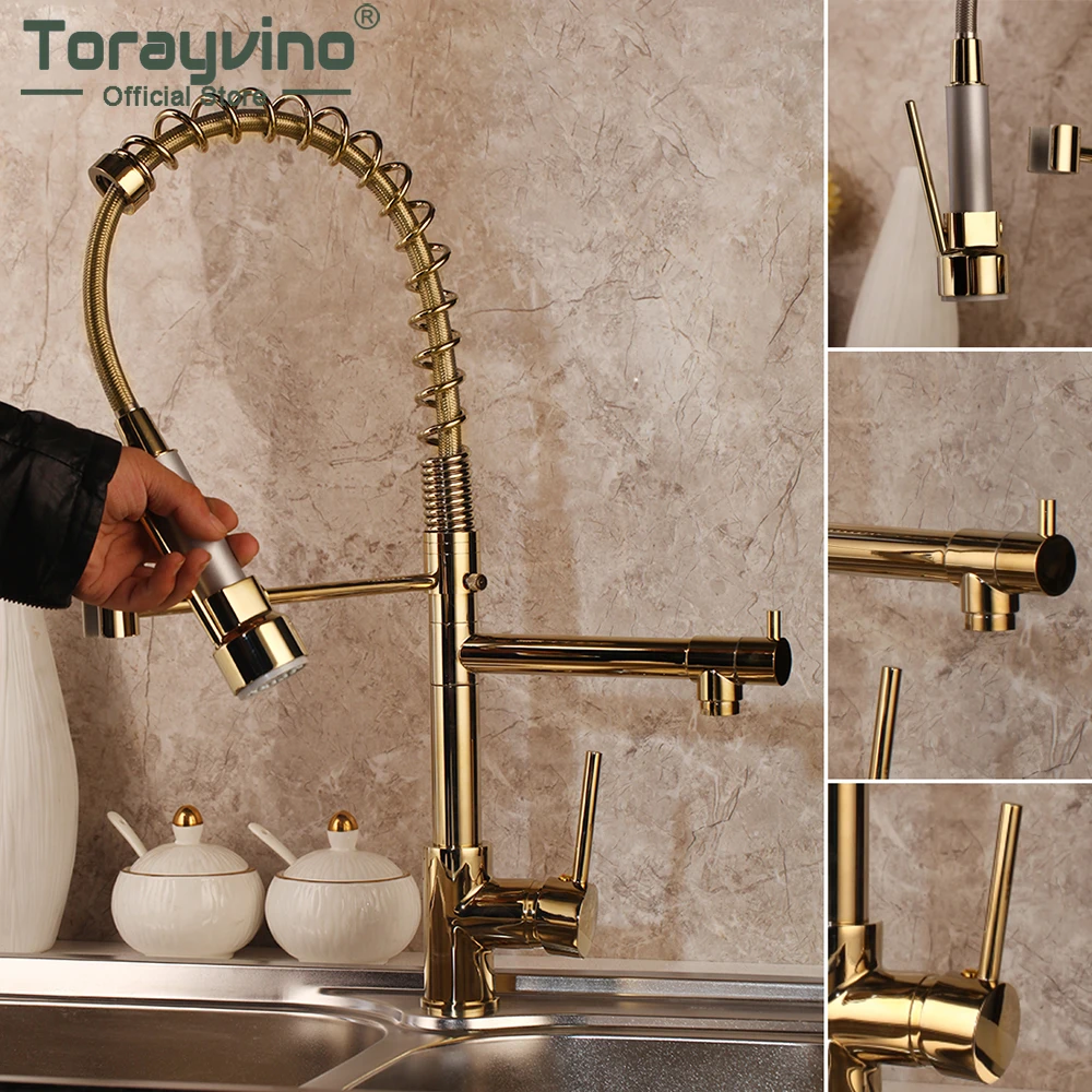 Torayvino Golden Polished Kitchen Faucet Solid Brass Vessel Sink Swivel Faucet Washbasin Mixer Water Tap With Pull Down Spray