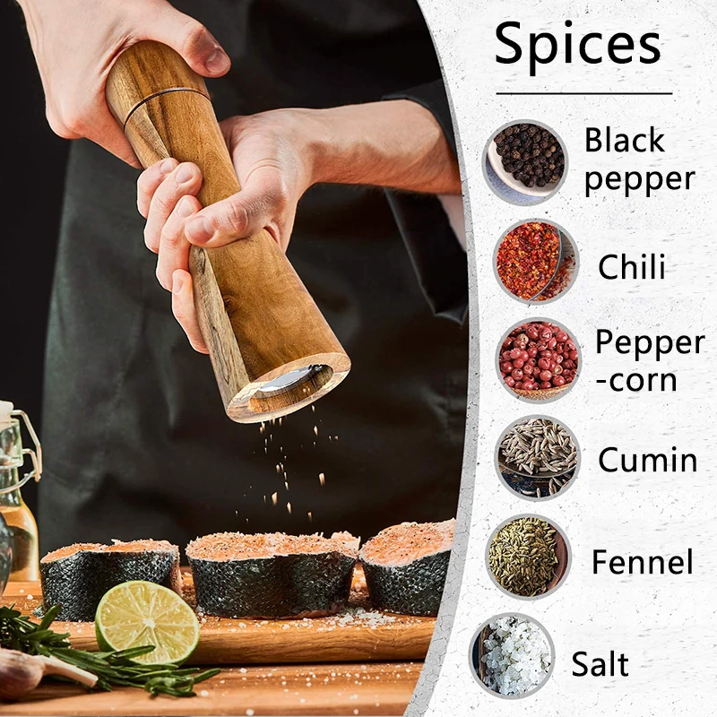 FLYMUYU Salt and Pepper Grinder Acacia Wooden Spice Pepper Mill with Strong Adjustable Ceramic Grinder Kitchen Cooking Tools