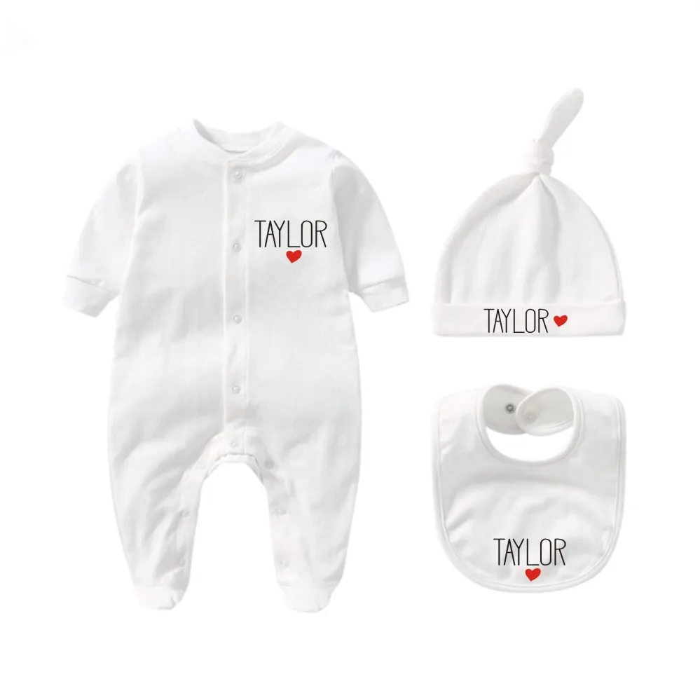 Personalized Newborn Outfit with Hat + Bib clothes set Custom Baby One Piece Bodysuit Set Baby Shower Gift Coming Home Outfit