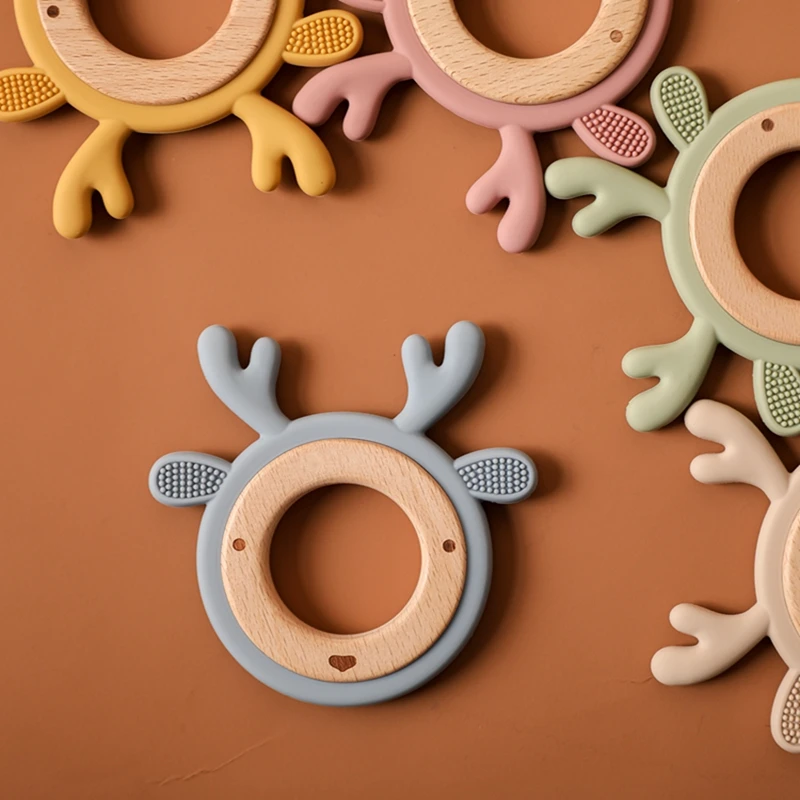 Animal Elk Koala Cartoon Teether BPA Free Food Grade Silicone Beech Wood Baby Teething Toy Rattle Safe Newborn Chew Nursing Gift