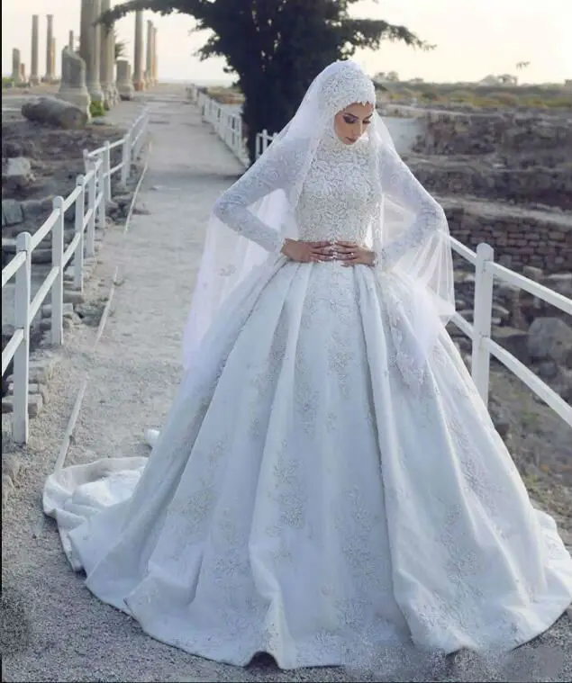 2020 vestido de casamento muçulmano mangas compridas rendas appliqued varredura trem vestidos de noiva novia