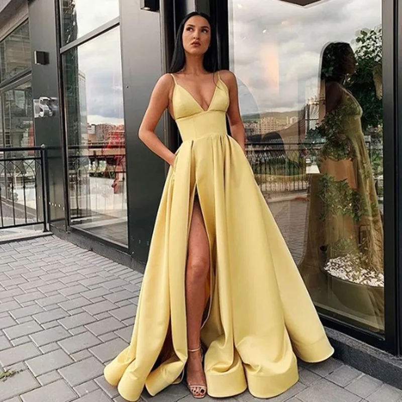 เซ็กซี่ V คอ Satin ชุดราตรีสปาเก็ตตี้ Side Slit ชุดราตรีเอวสูงชุดราตรี Robe De soiree