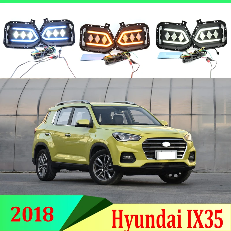 

2 шт. для hyundai IX35 2018 2019 светодиодный дневные ходовые огни DRL с отверстием для противотуманной фары желтый указатель поворота синий ночной Светильник