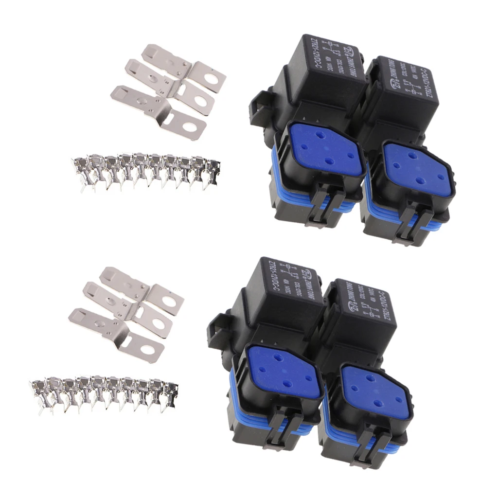 4 Sets 12V 40A AMP 5 Pin Relay and Relay Holder Socket Integrated +Terminals