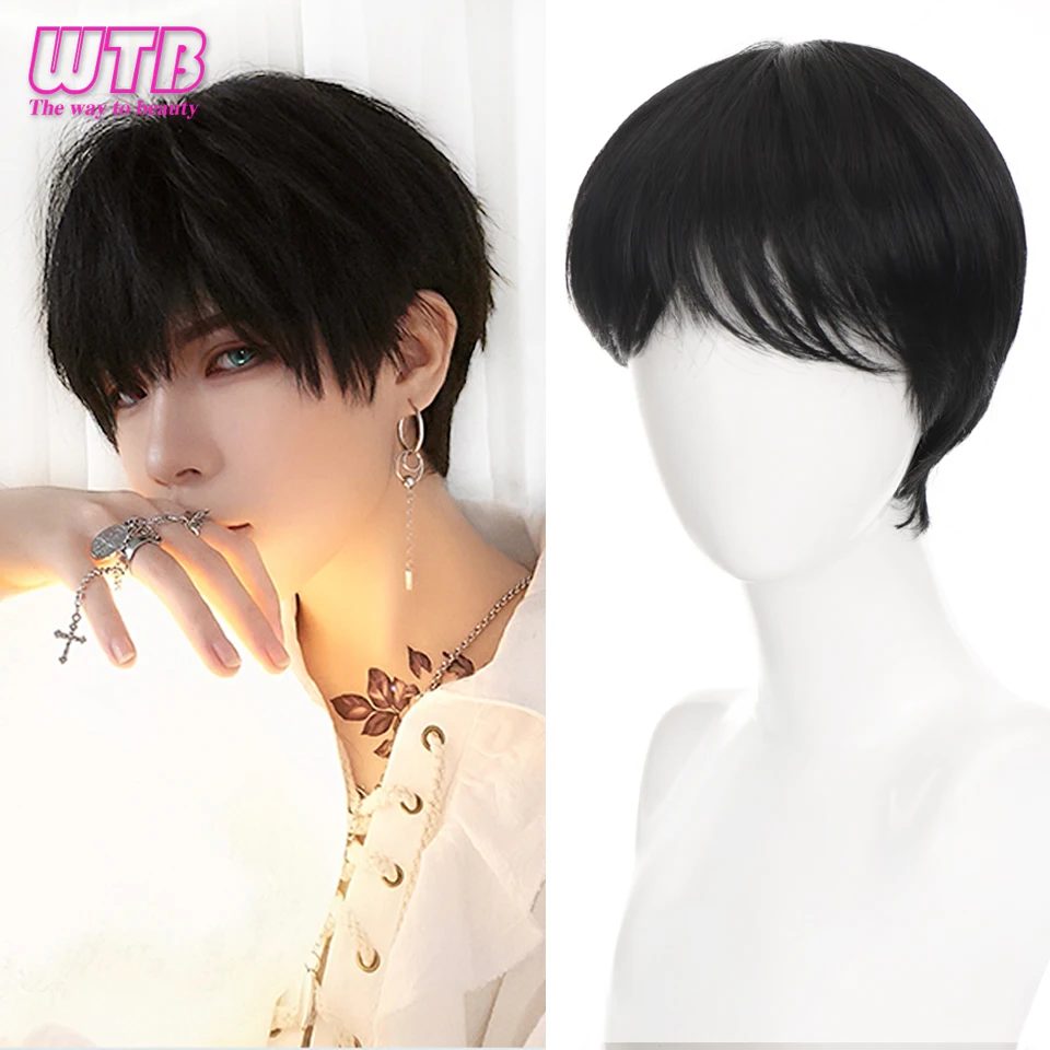 WTB Synthetic Black Wigs Men's Short Straight Wigs with Bangs Blonde Mixed Cosplay Anime Wig Fashion Pixie Cut Daily Use Wigs